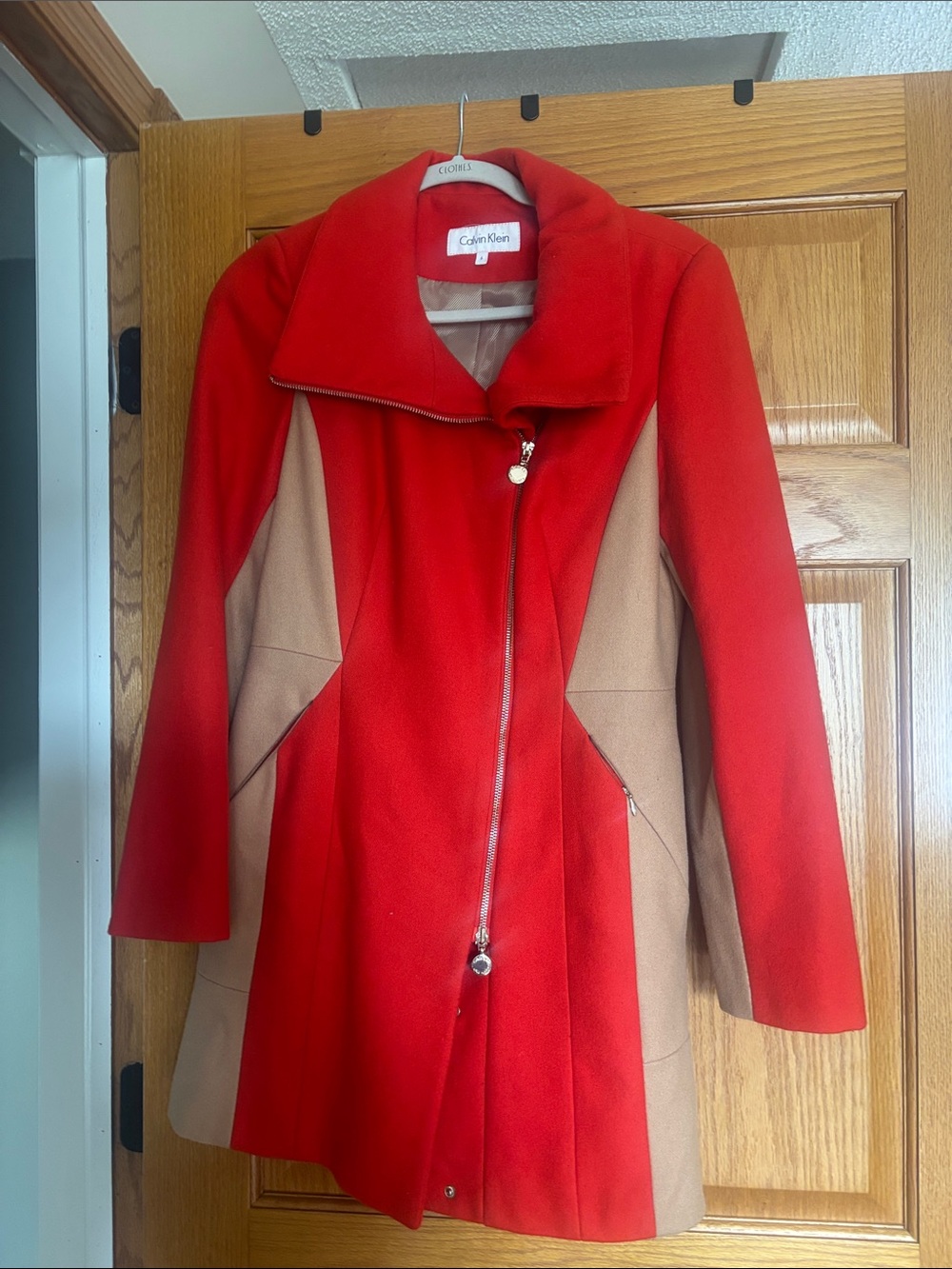 Calvin Klein Red and Tan Wool-Blend Asymmetrical Trench Coat